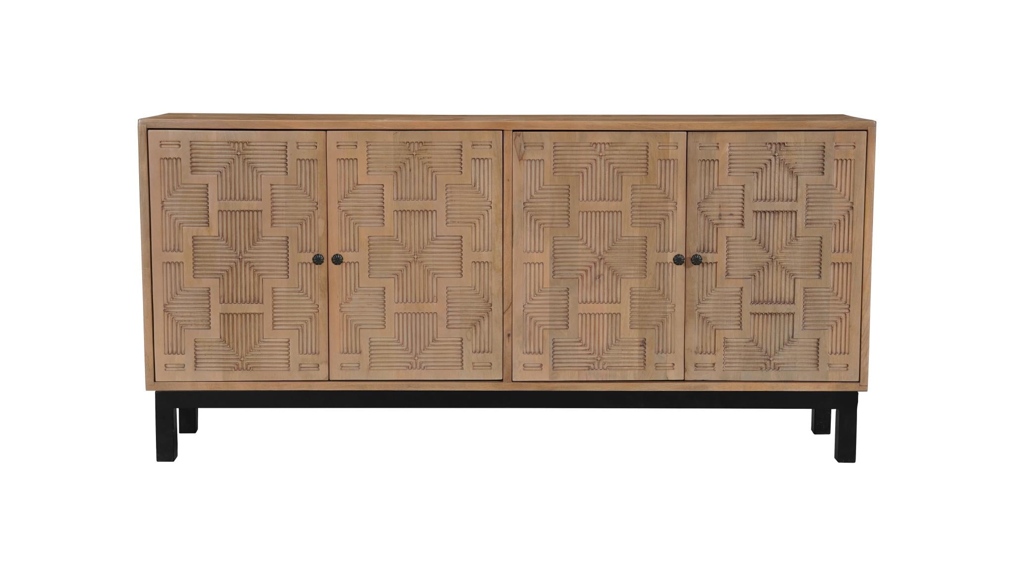 80" Brown Solid Wood Carved Geometric Sideboard with Four Doors