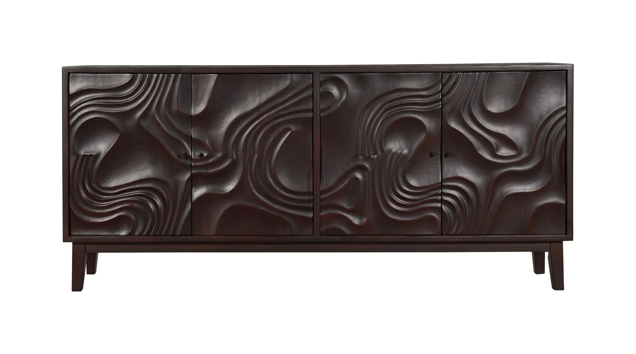 80" Dark Brown Solid Wood Carved Abstract Sideboard with Four Doors