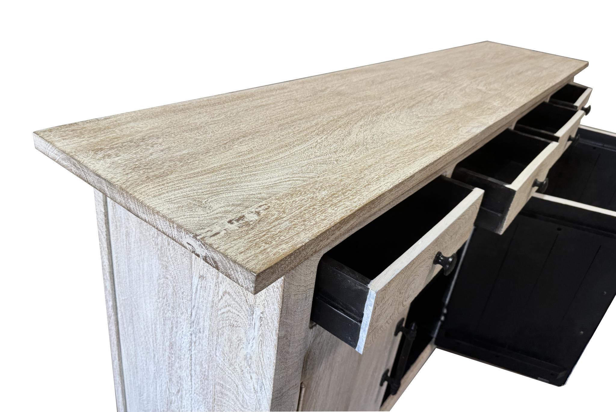 79" White Distressed Solid Wood Paneled Four Drawer Sideboard with Four Doors