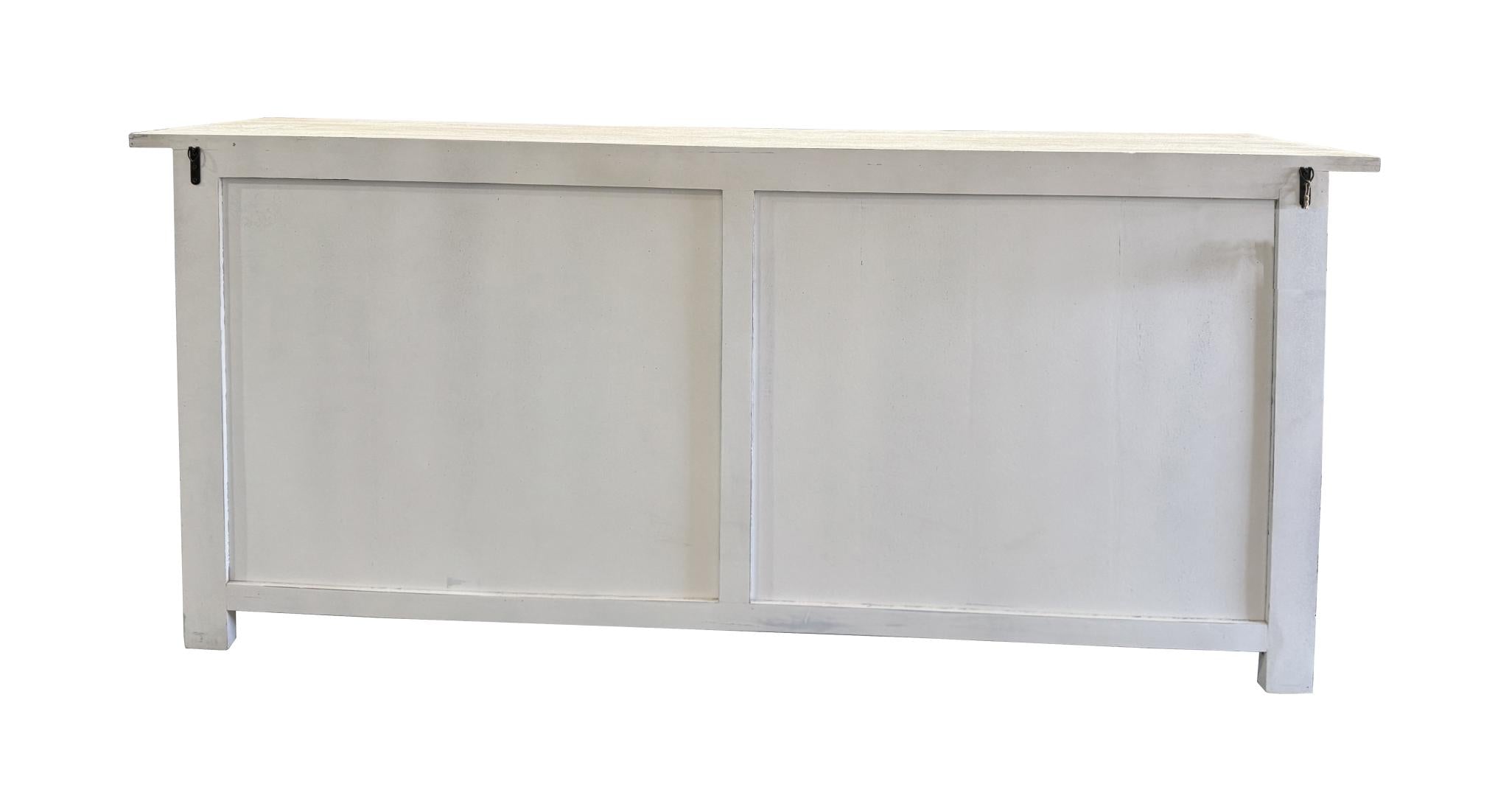 79" White Distressed Solid Wood Paneled Four Drawer Sideboard with Four Doors