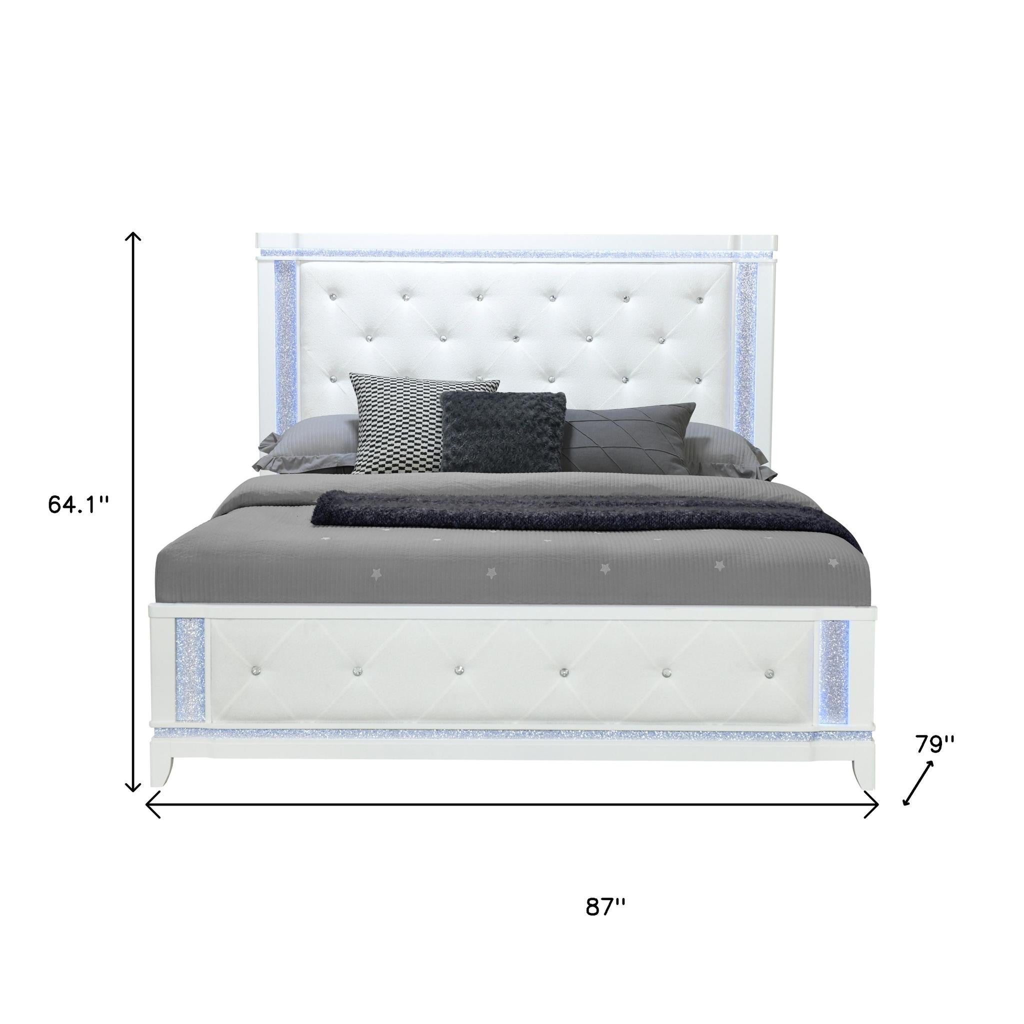 White Faux Crystal Bling Wood And Tufted Cotton Lighted King Bed Frame