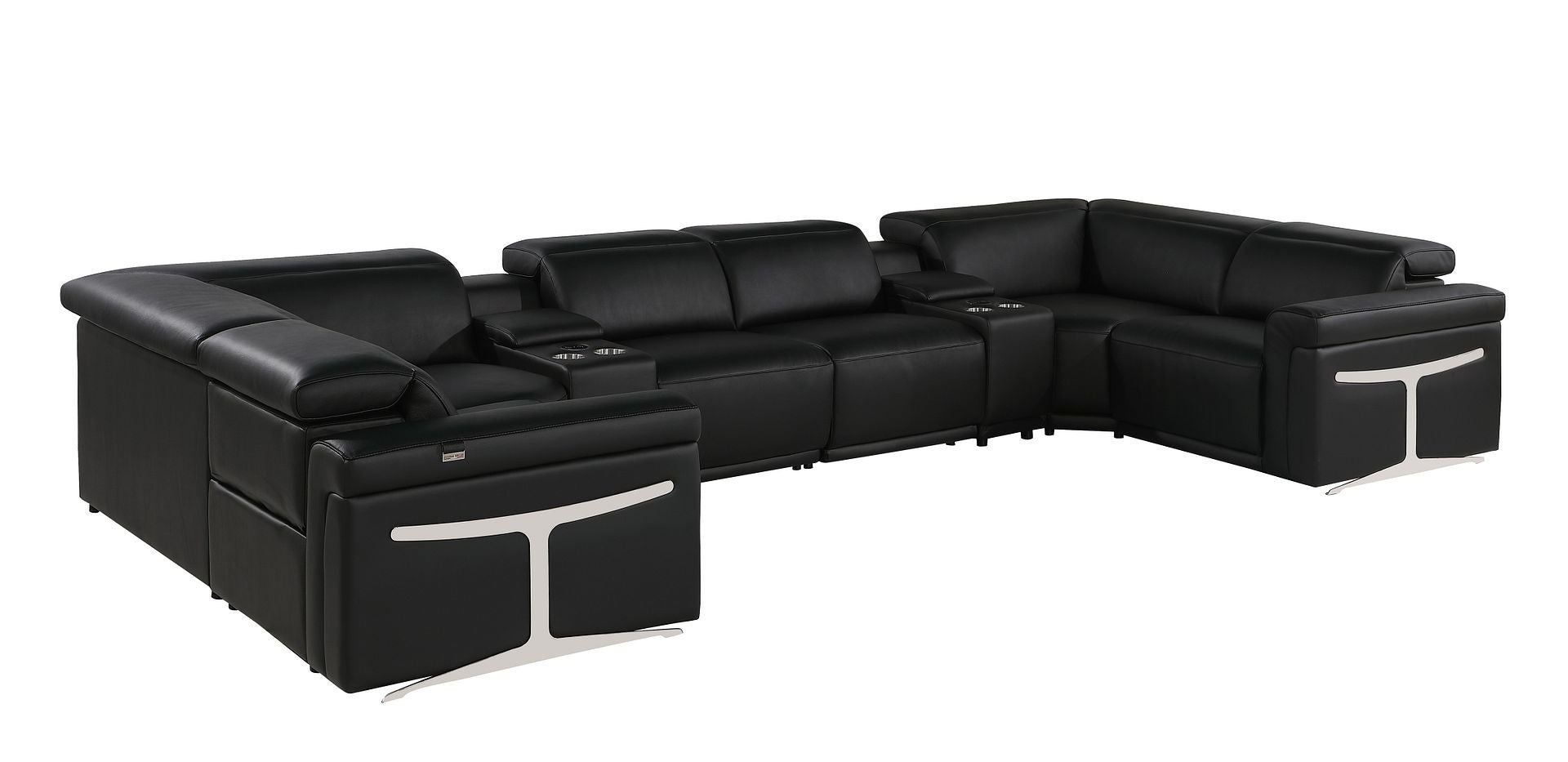 Black Italian Leather Power Reclining U Shaped Eight Piece Sectional With Console