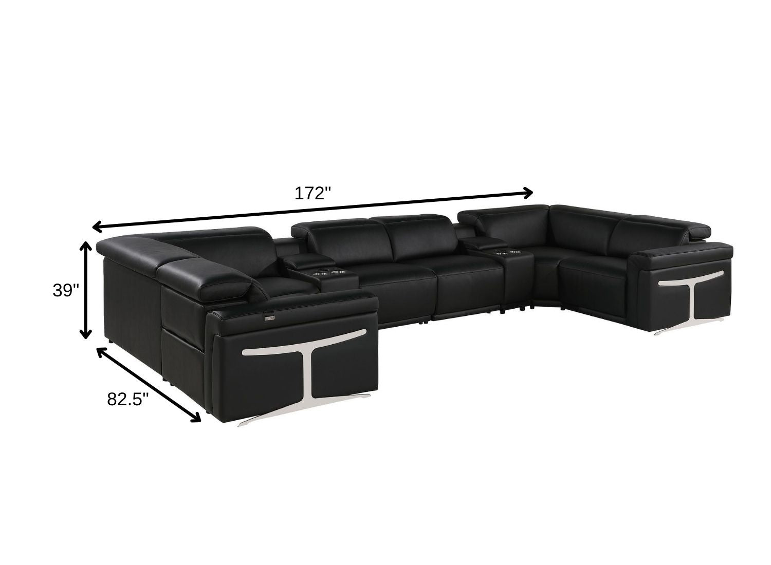 Black Italian Leather Power Reclining U Shaped Eight Piece Corner Sectional With Console