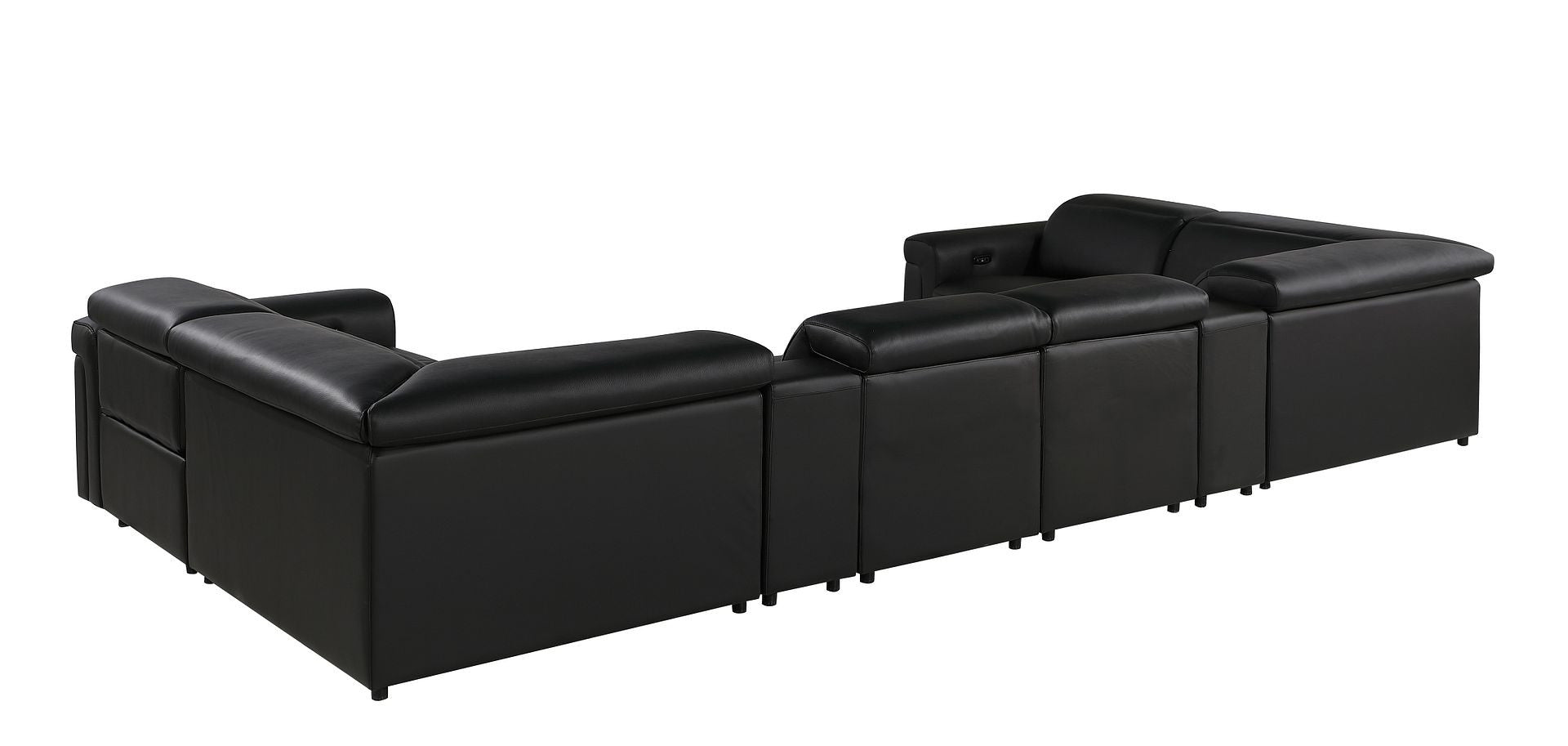Black Italian Leather Power Reclining U Shaped Eight Piece Corner Sectional With Console