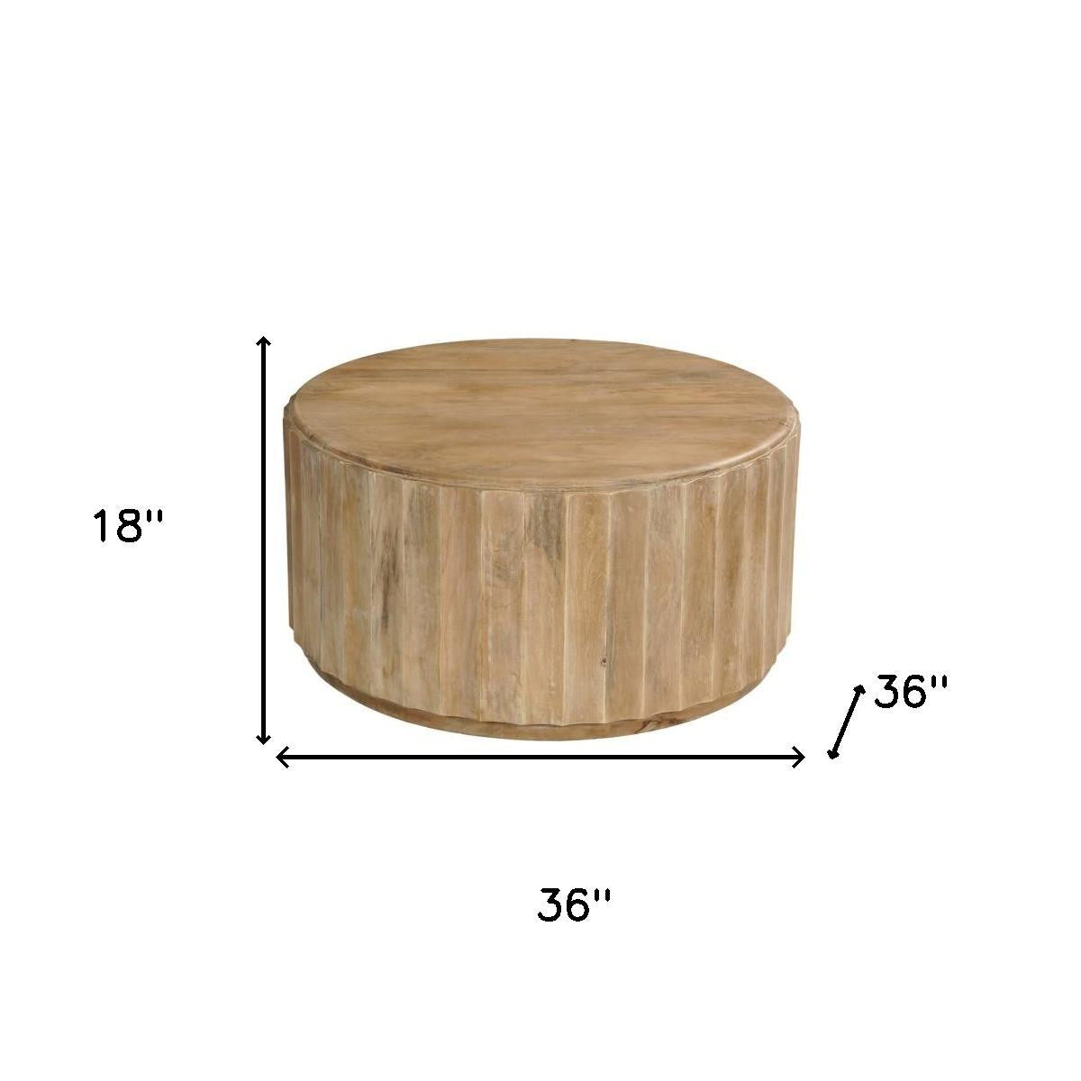 36" Brown Solid Wood Round Drum Coffee Table