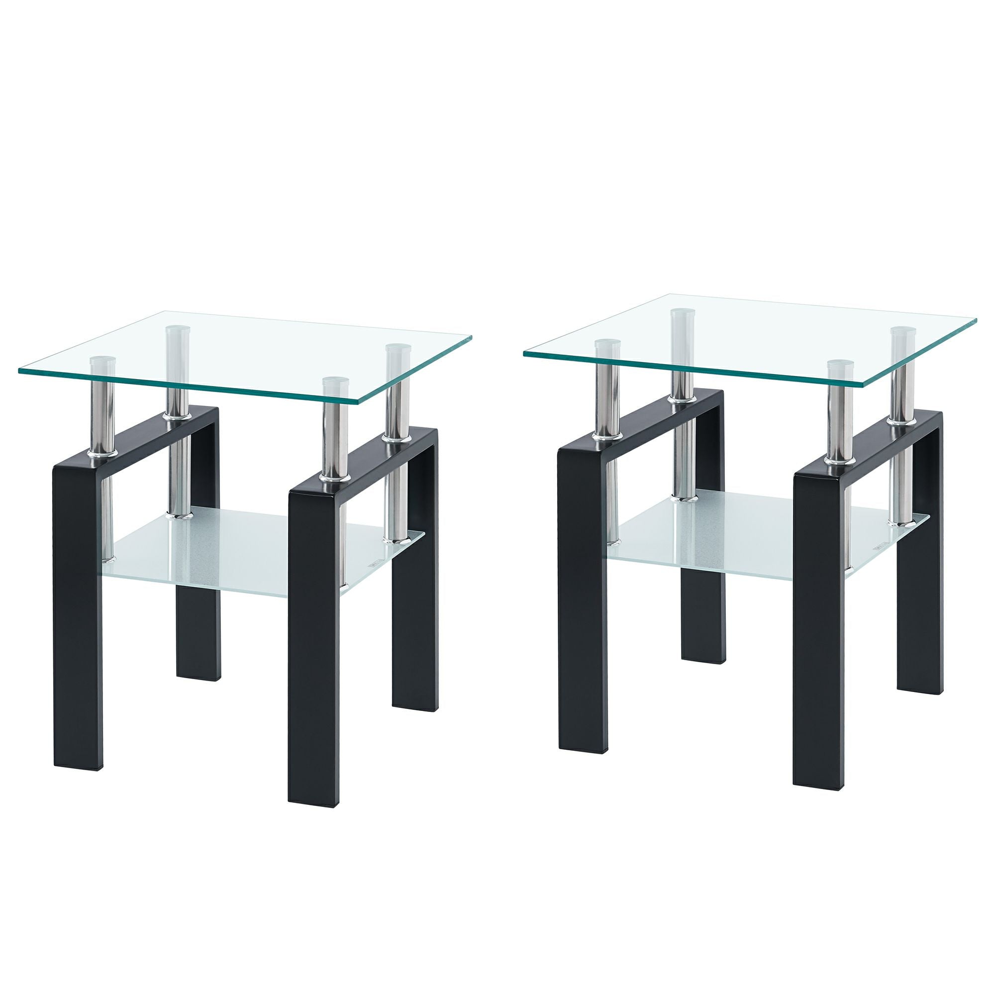 20" Glossy Clear and Black Glass and Steel Square End Table With Shelf
