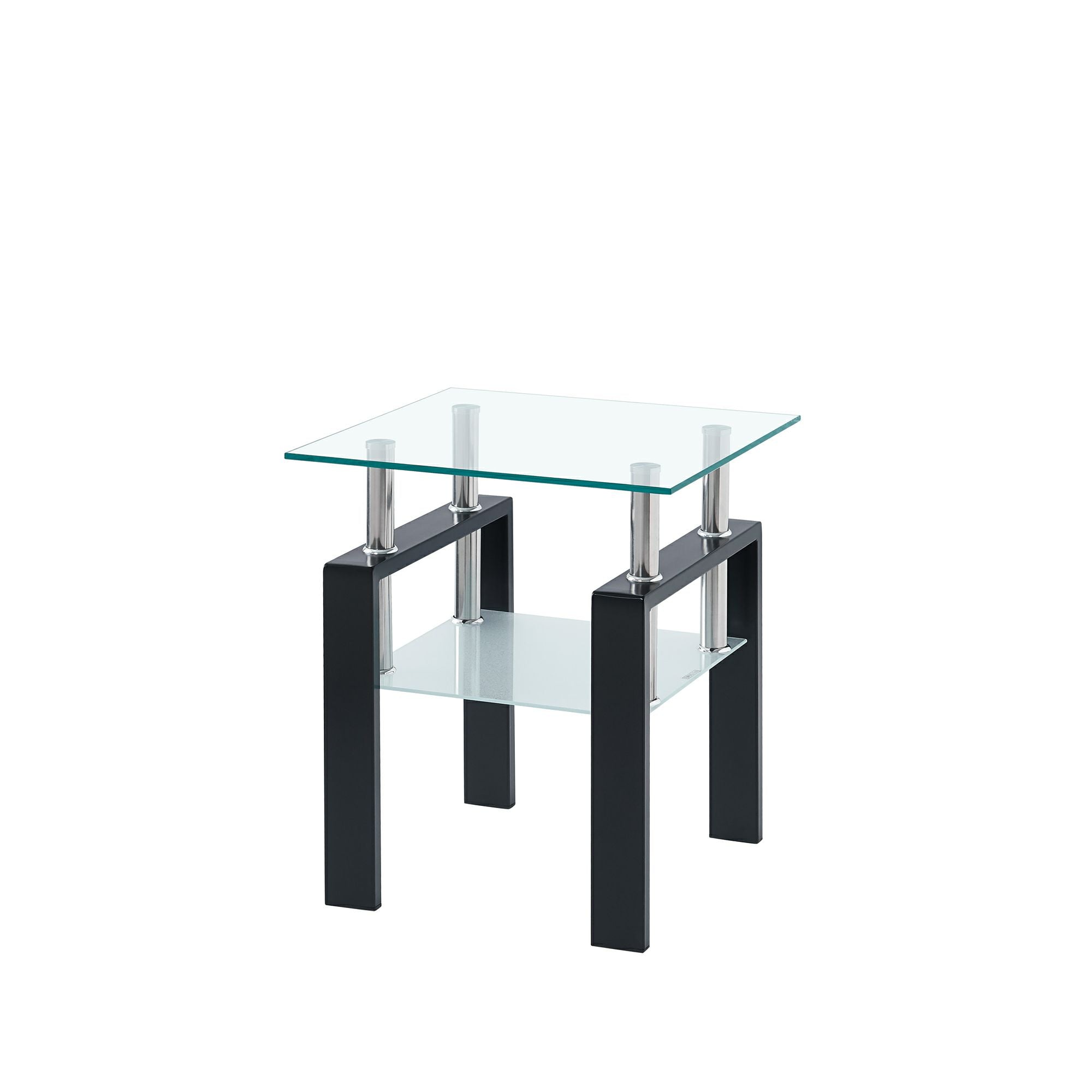 20" Glossy Clear and Black Glass and Steel Square End Table With Shelf
