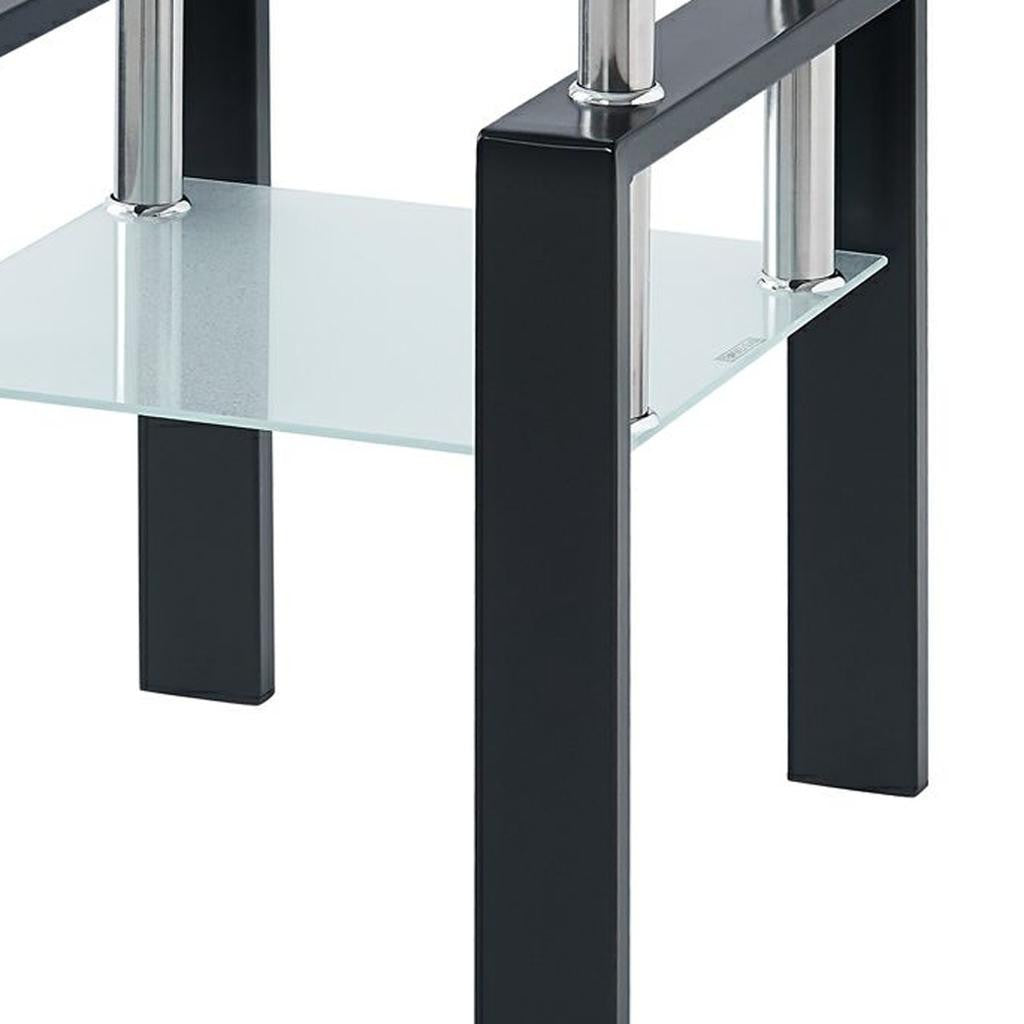 20" Glossy Clear and Black Glass and Steel Square End Table With Shelf
