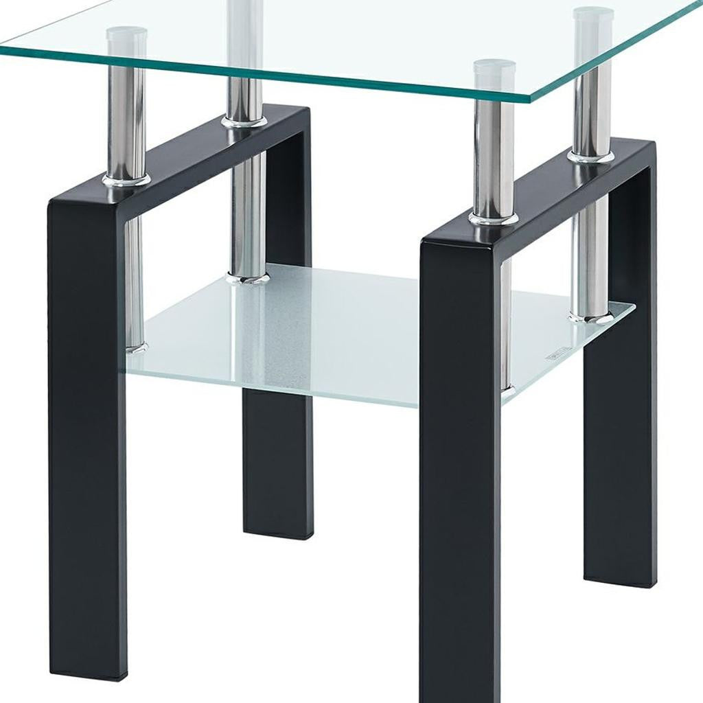 20" Glossy Clear and Black Glass and Steel Square End Table With Shelf