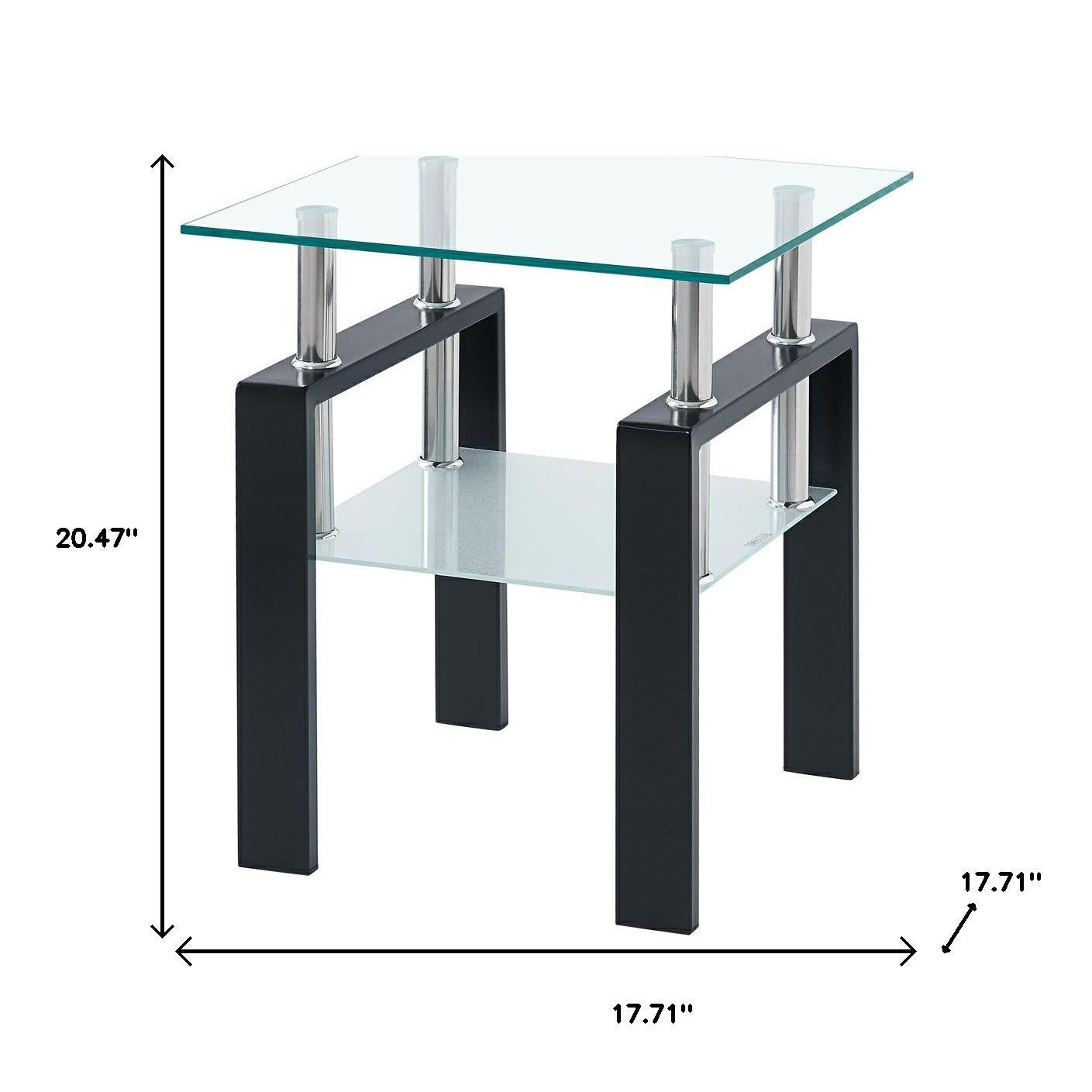 20" Glossy Clear and Black Glass and Steel Square End Table With Shelf