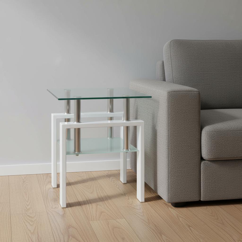 20" Clear and White Glass and Metal Square End Table With Shelf
