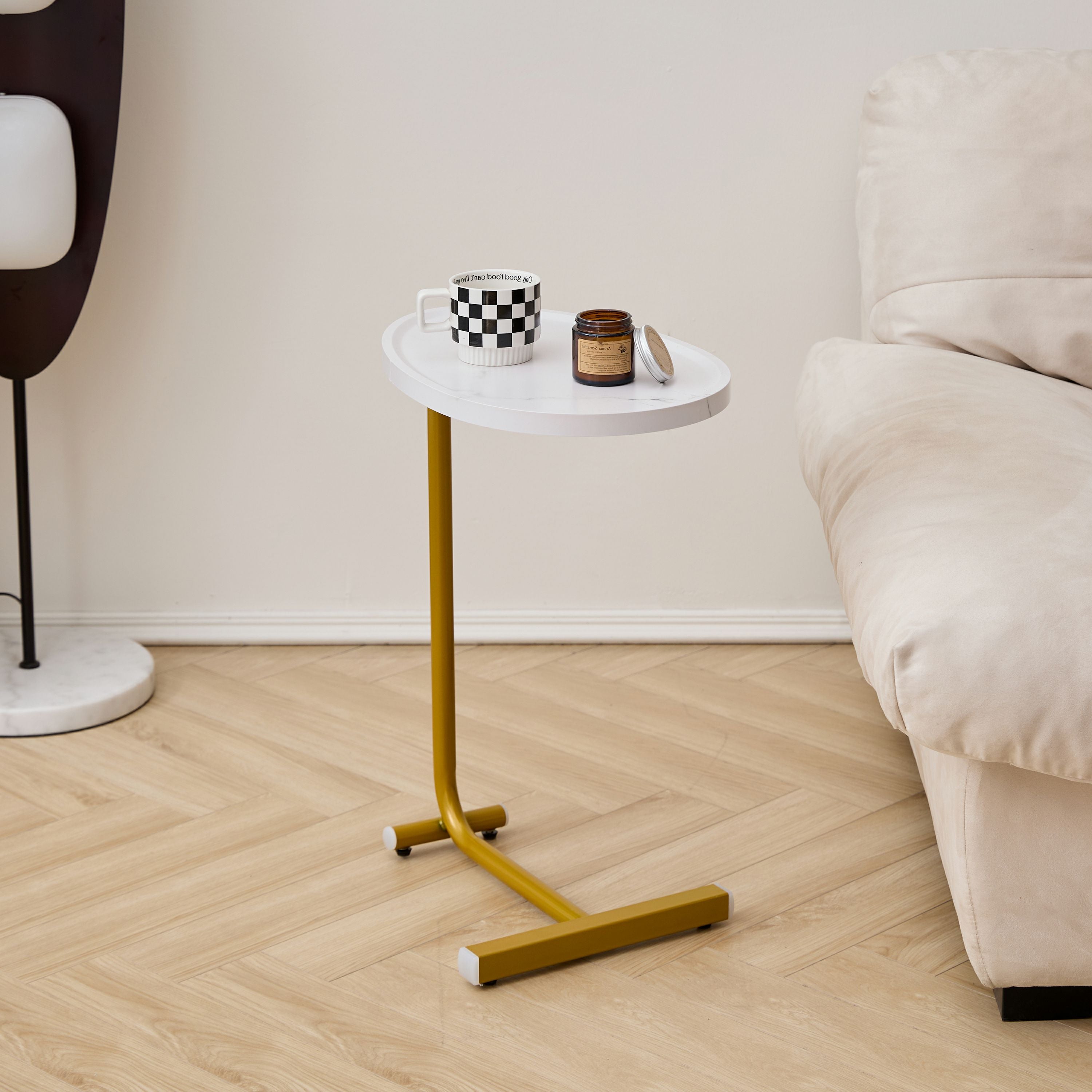 Set of Two White and Gold Faux Marble and Metal Oval End Tables