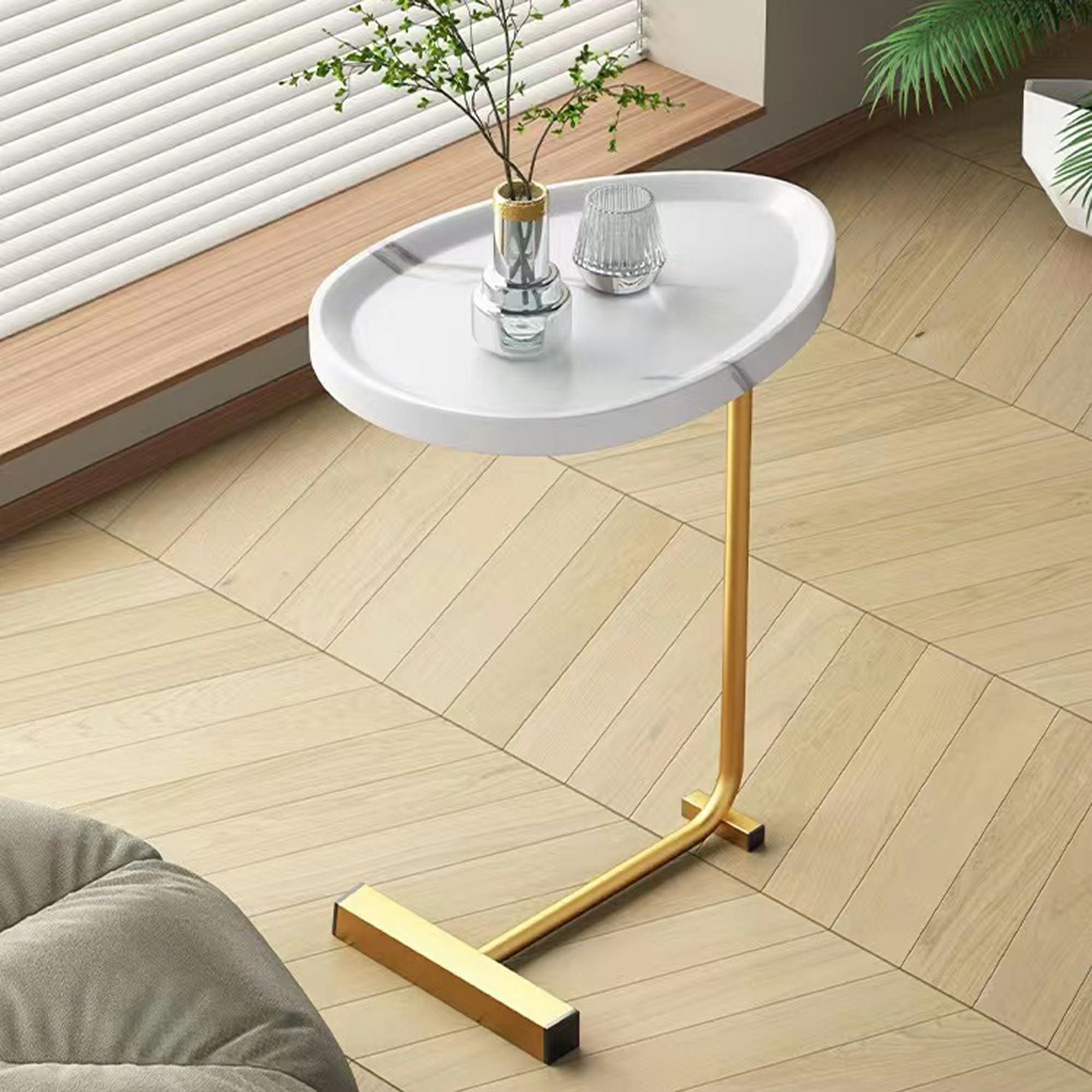 24" White and Gold Faux Marble and Metal Oval End Table