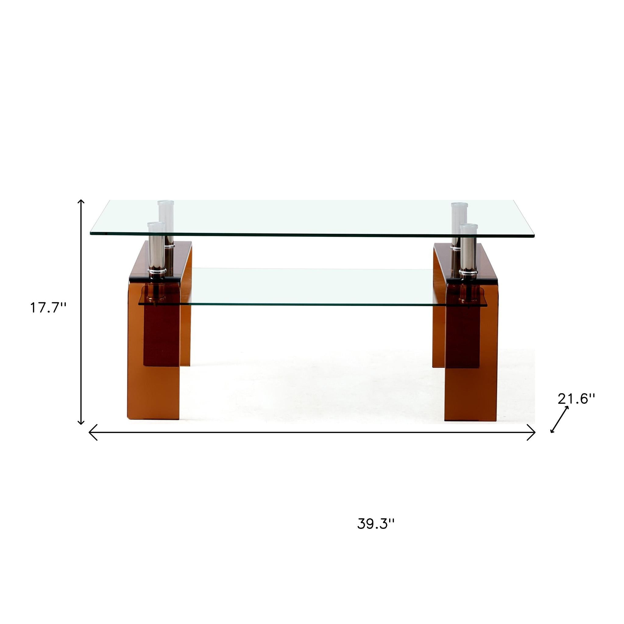 39" Clear and Brown Glass Coffee Table With Shelf