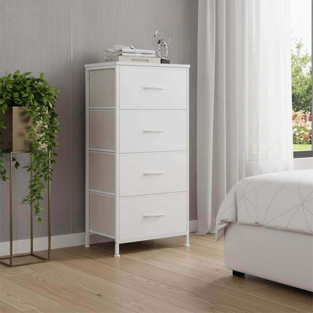 18" White Fabric Wood and Metal Four Drawer Lingerie Chest