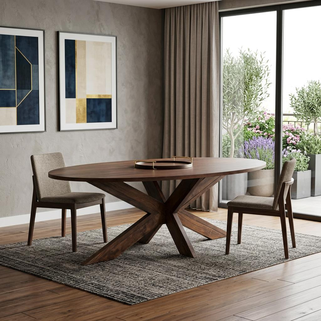 92" Brown Solid Wood Cross Leg Base Oval Dining Table