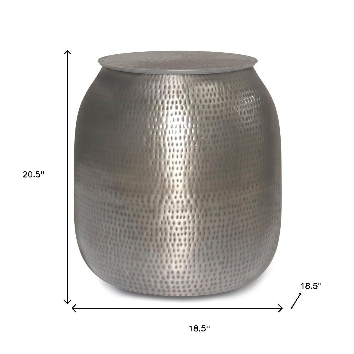 21" Hammered Silver Distressed Iron Round Drum End Table And Trunk Storage