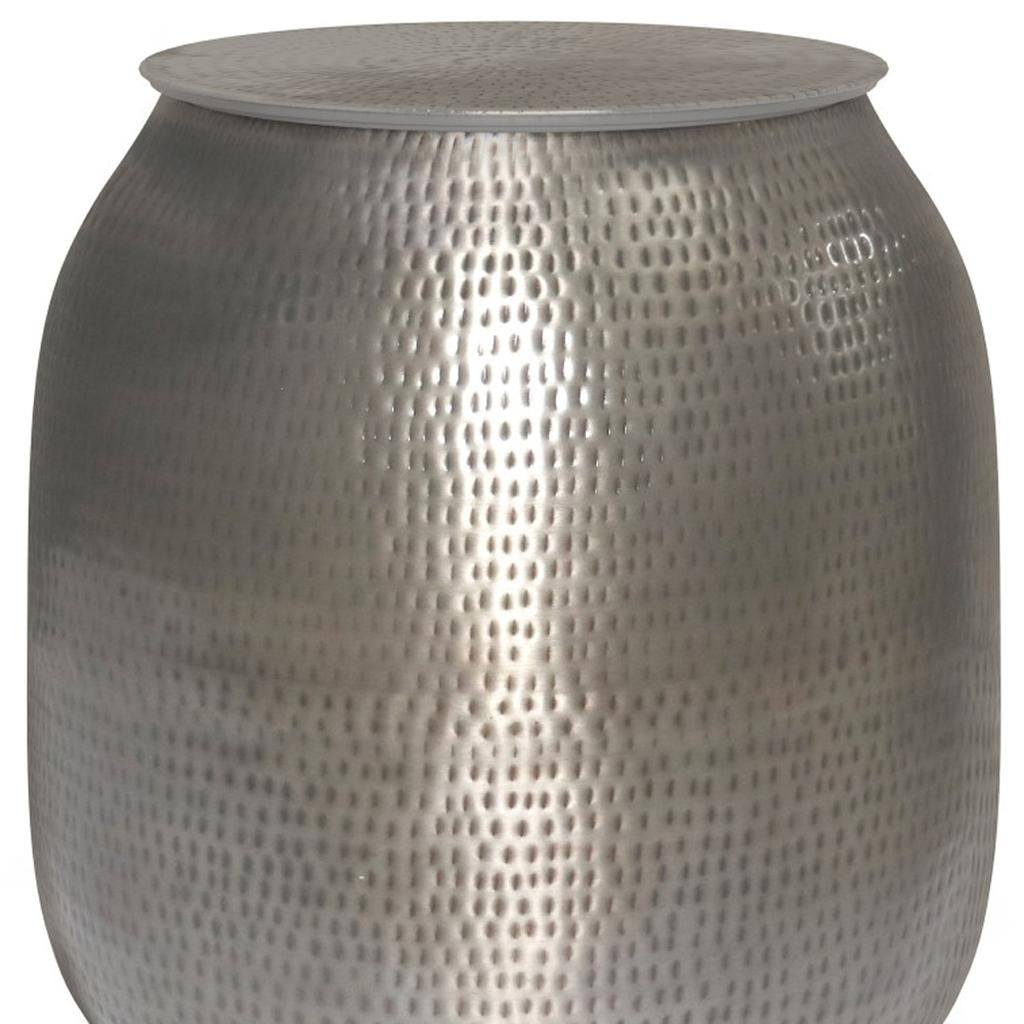 21" Hammered Silver Distressed Iron Round Drum End Table And Trunk Storage