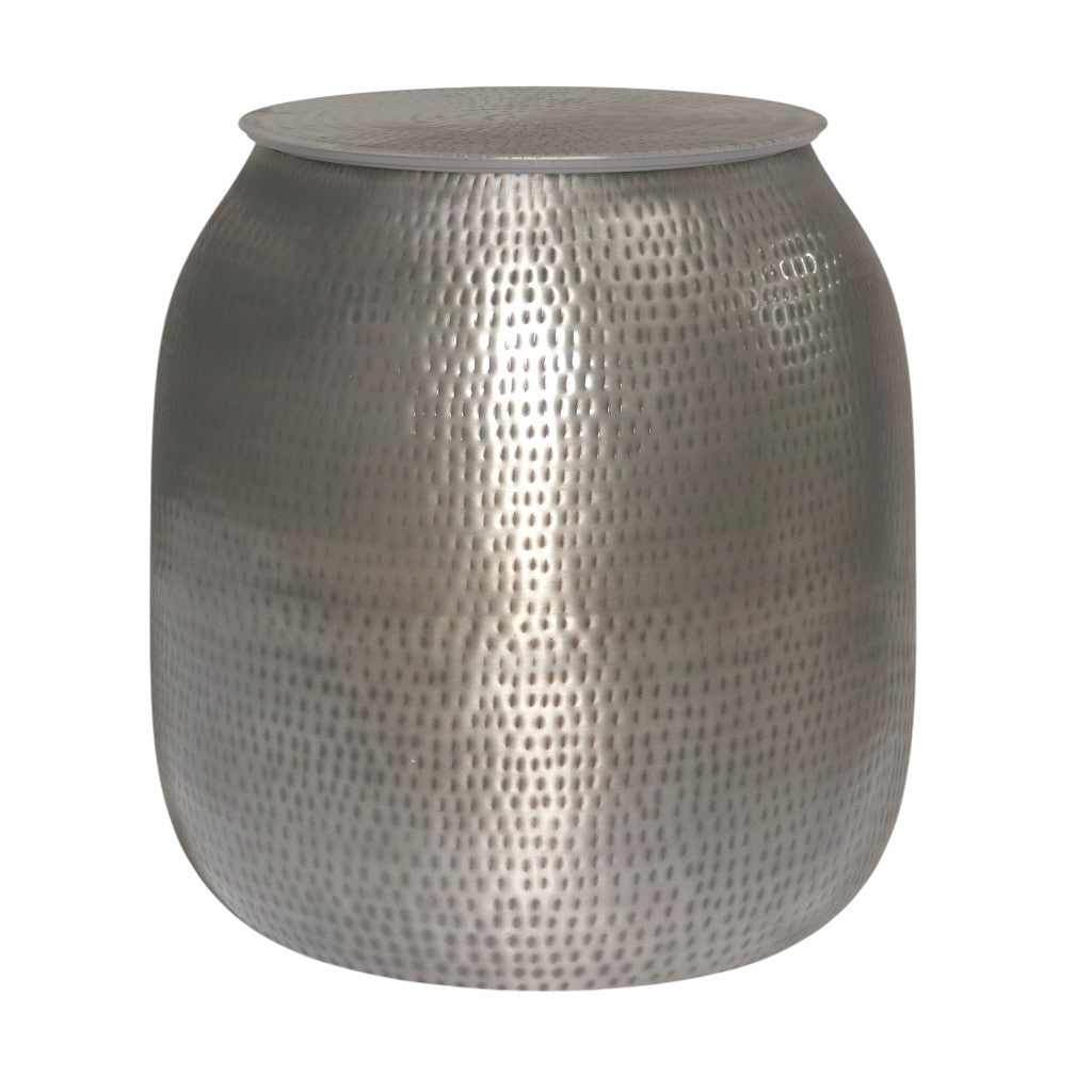 21" Hammered Silver Distressed Iron Round Drum End Table And Trunk Storage