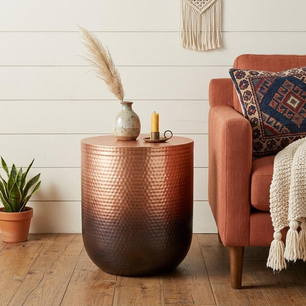 22" Hammered Copper and Black Iron Round Drum End Table
