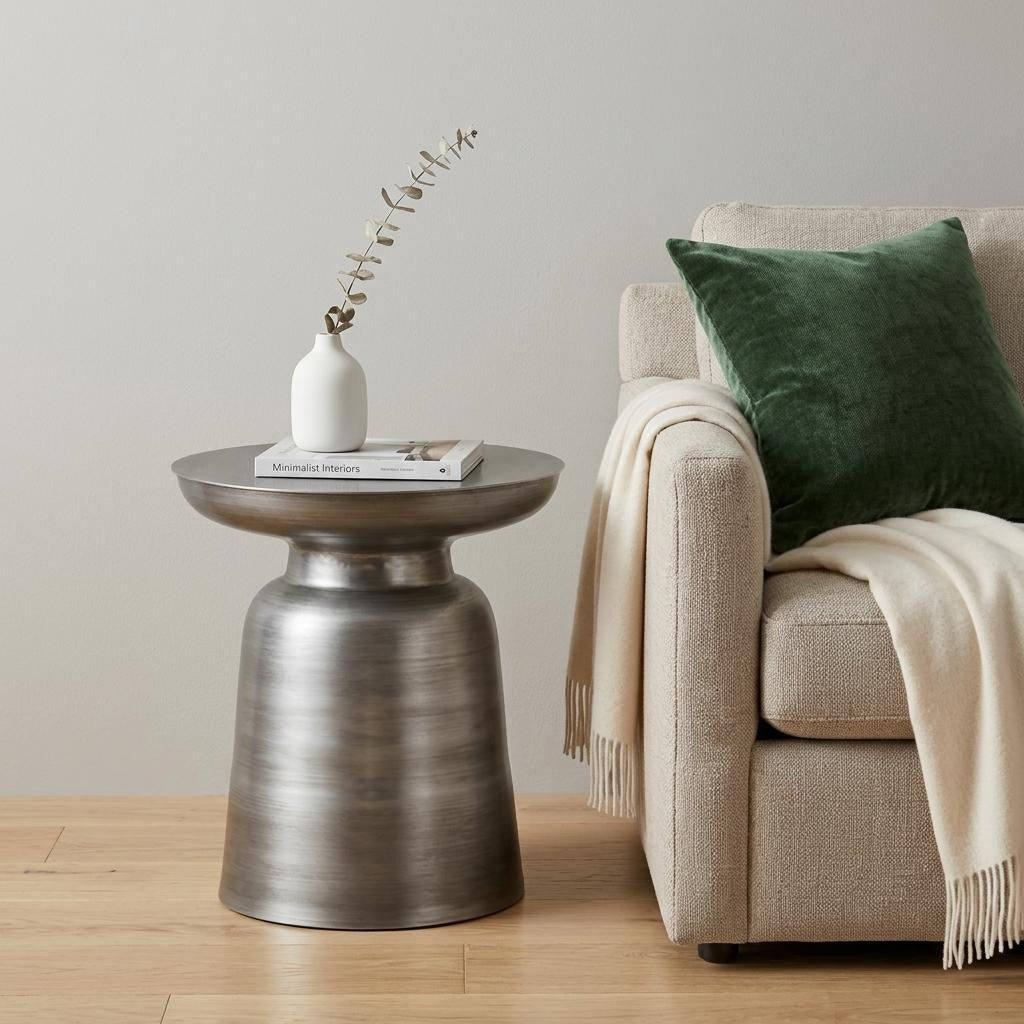 18" Glossy Silver Iron Round Pedestal End Table