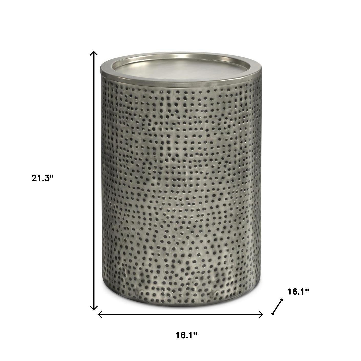 21" Antique Silver Distressed Iron Round Drum End Table