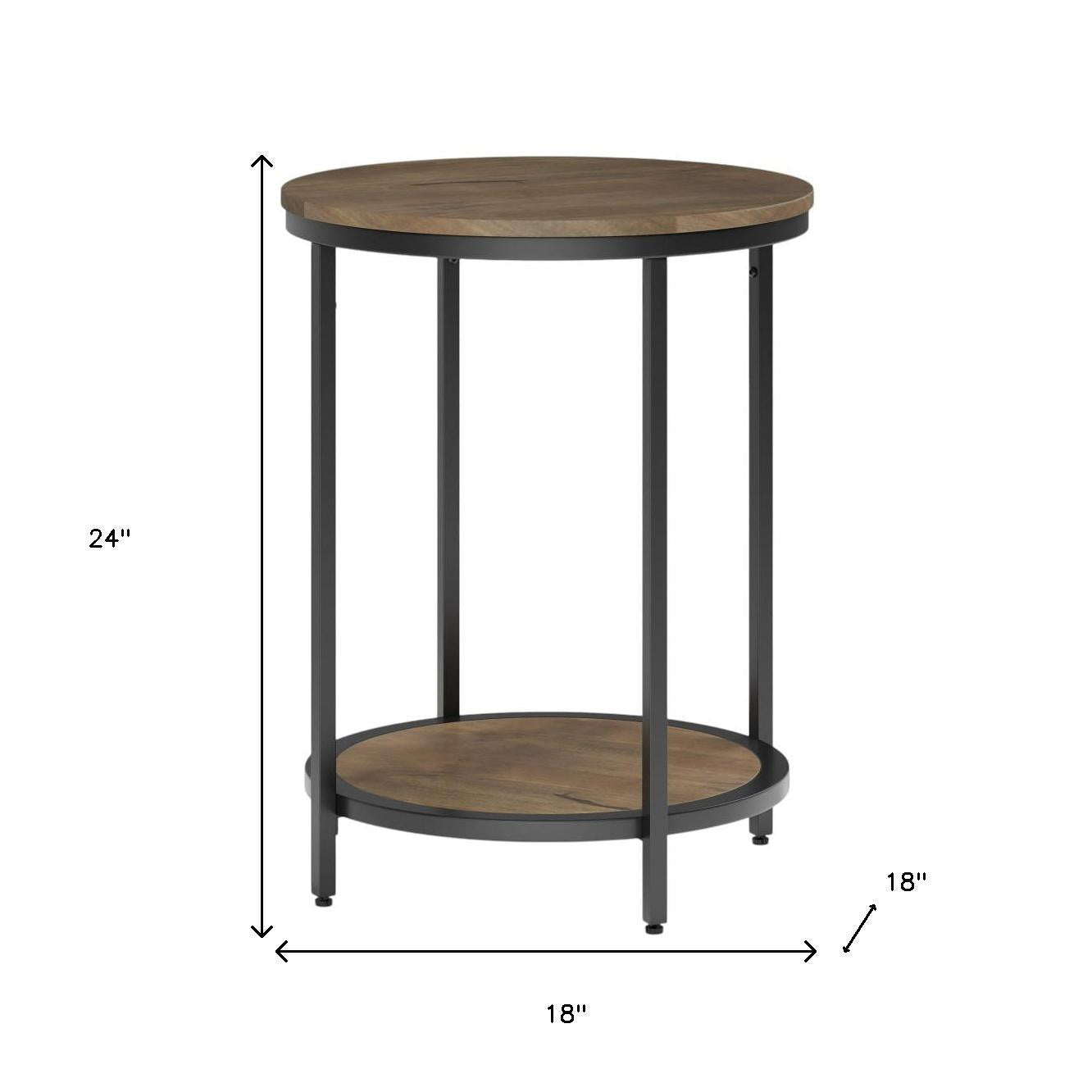 24" Matte Gray and Black Solid Wood and Iron Round End Table With Shelf