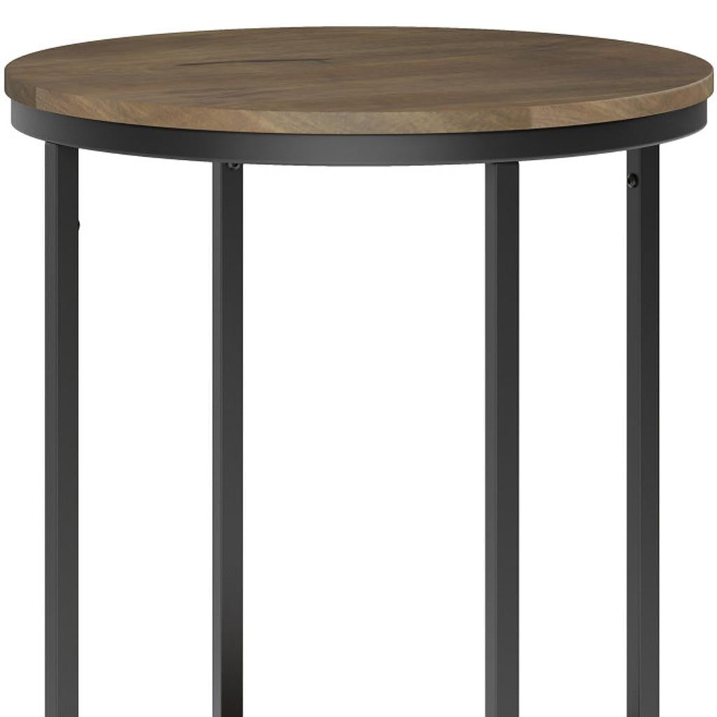 24" Matte Gray and Black Solid Wood and Iron Round End Table With Shelf