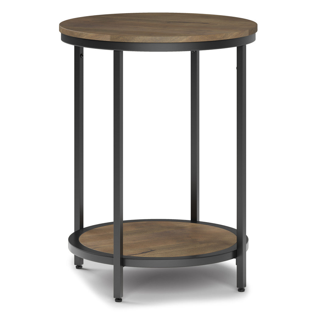 24" Matte Gray and Black Solid Wood and Iron Round End Table With Shelf