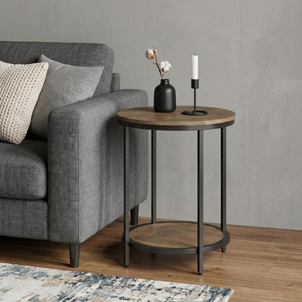 24" Matte Gray and Black Solid Wood and Iron Round End Table With Shelf
