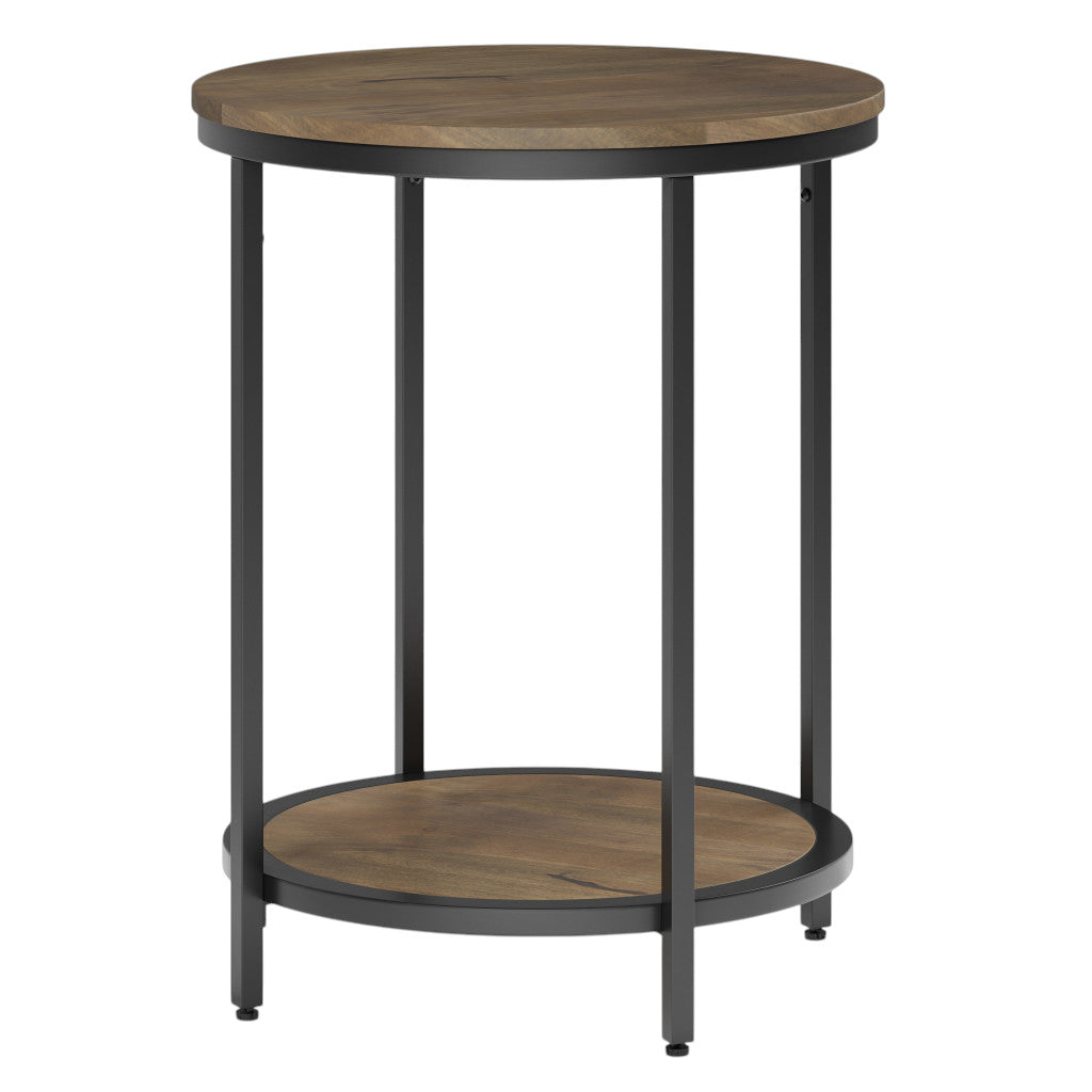 24" Matte Gray and Black Solid Wood and Iron Round End Table With Shelf