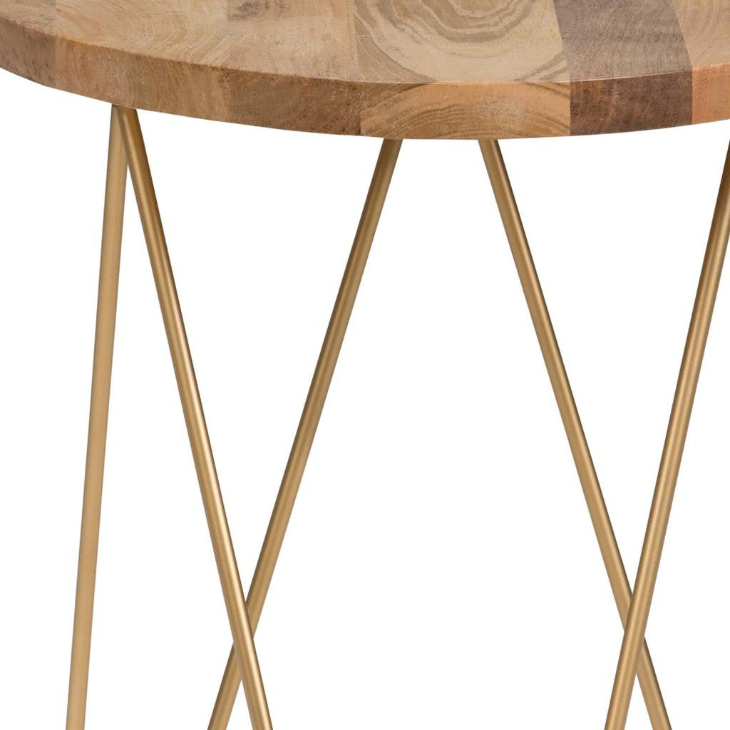 21" Natural Natural and Gold Solid Wood and Iron Free Form End Table
