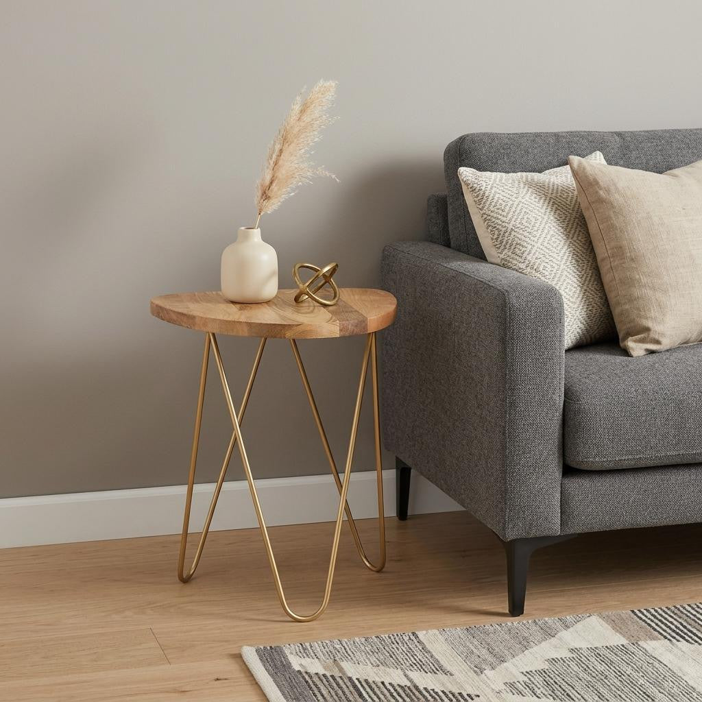 21" Natural Natural and Gold Solid Wood and Iron Free Form End Table