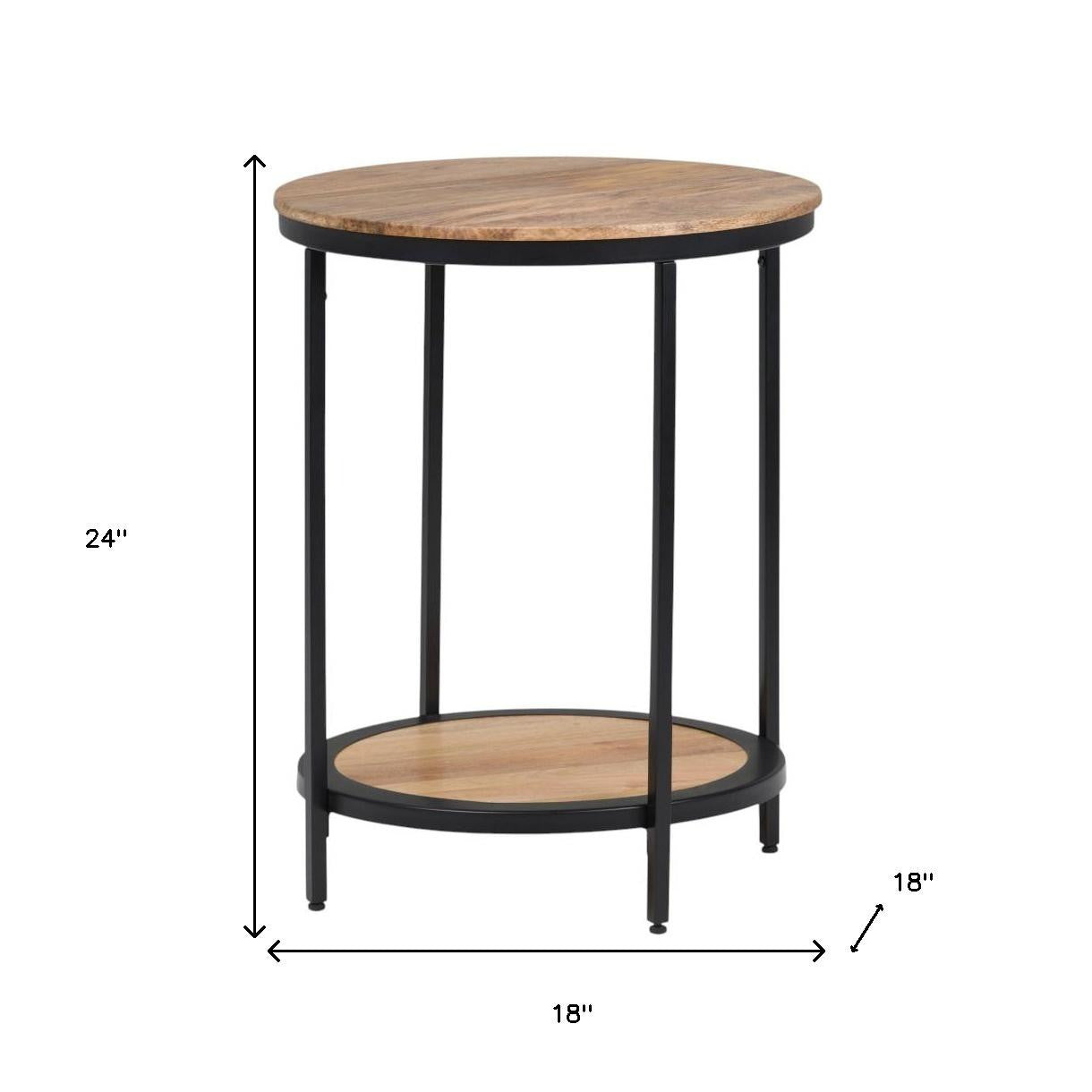 24" Natural Natural and Black Solid Wood and Iron Round End Table With Shelf