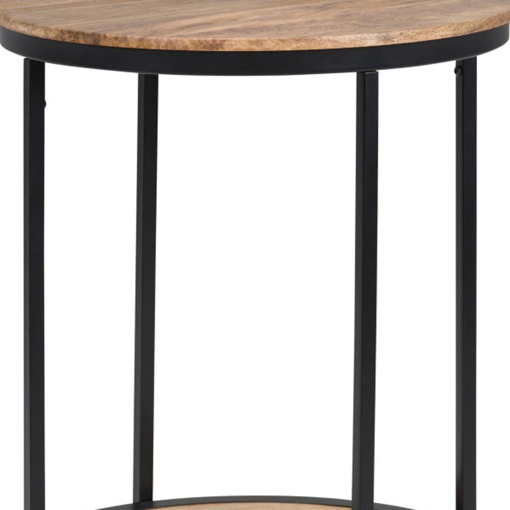 24" Natural Natural and Black Solid Wood and Iron Round End Table With Shelf
