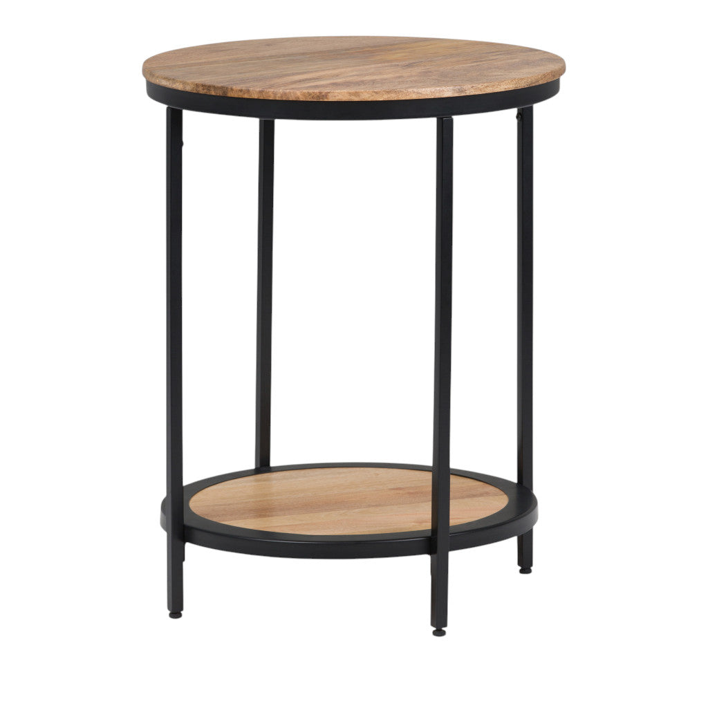 24" Natural Natural and Black Solid Wood and Iron Round End Table With Shelf