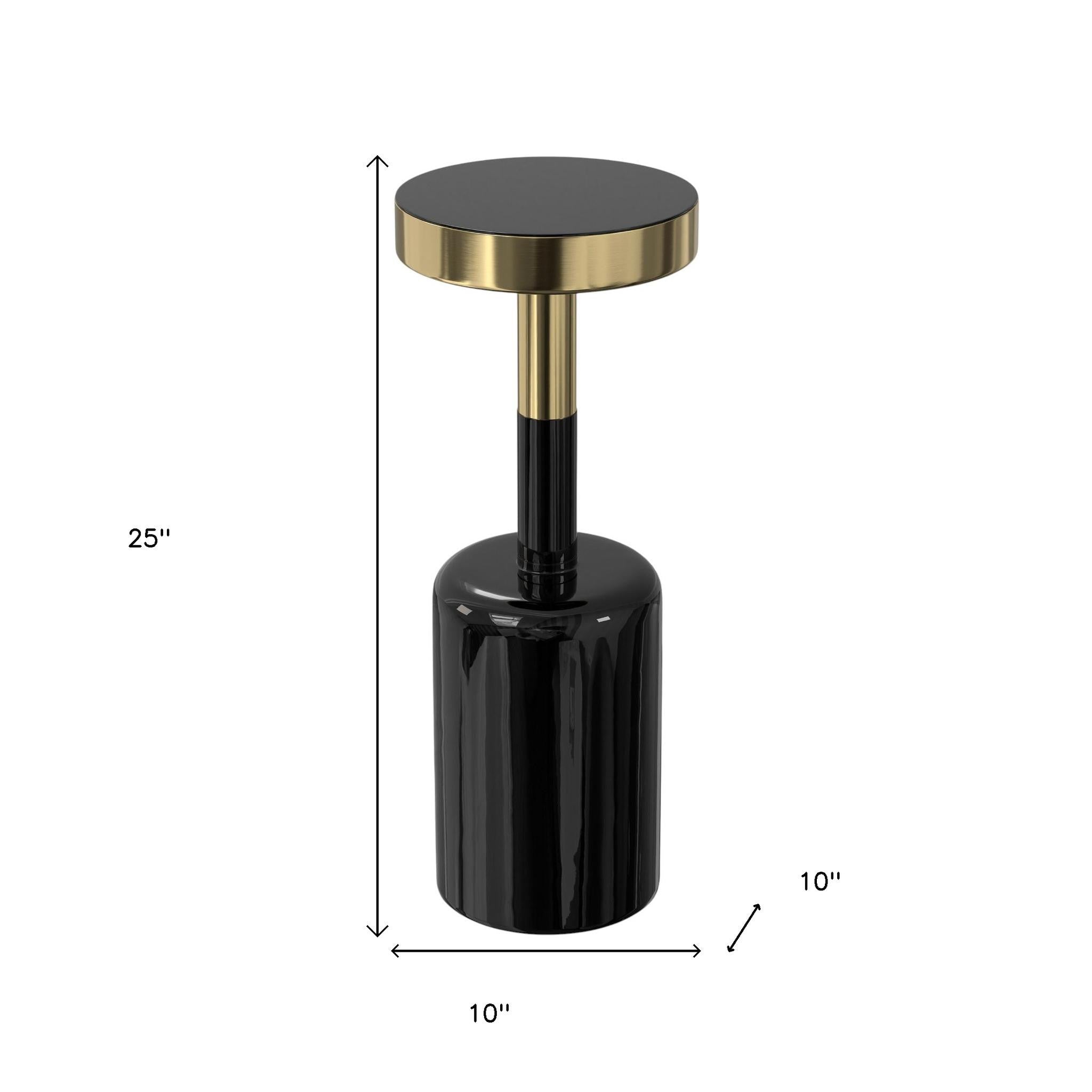 25" Powder Coated Black and Gold Tempered Glass and Iron Round Pedestal End Table