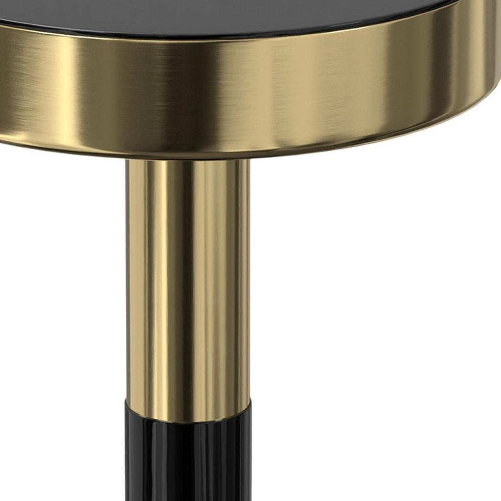 25" Powder Coated Black and Gold Tempered Glass and Iron Round Pedestal End Table