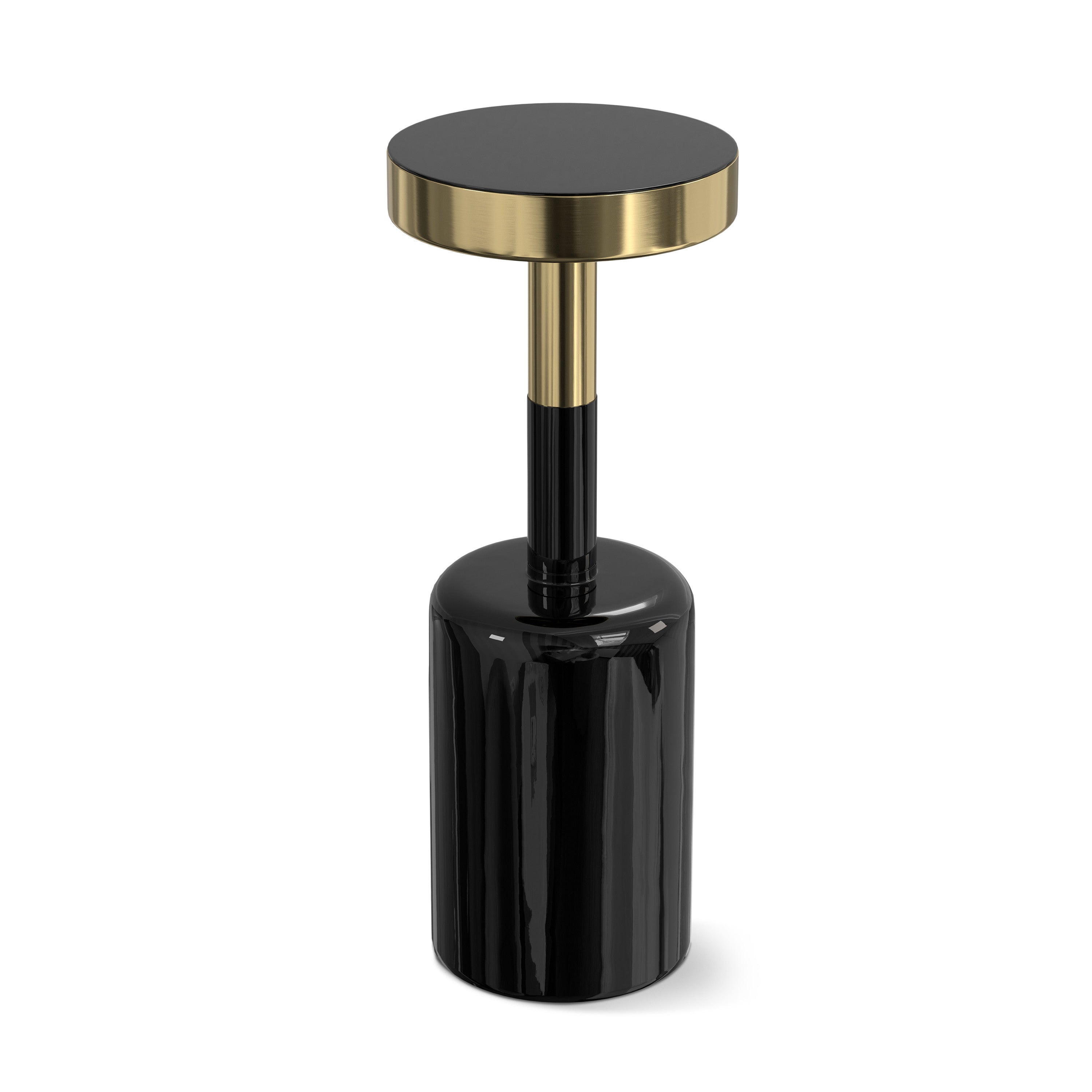 25" Powder Coated Black and Gold Tempered Glass and Iron Round Pedestal End Table