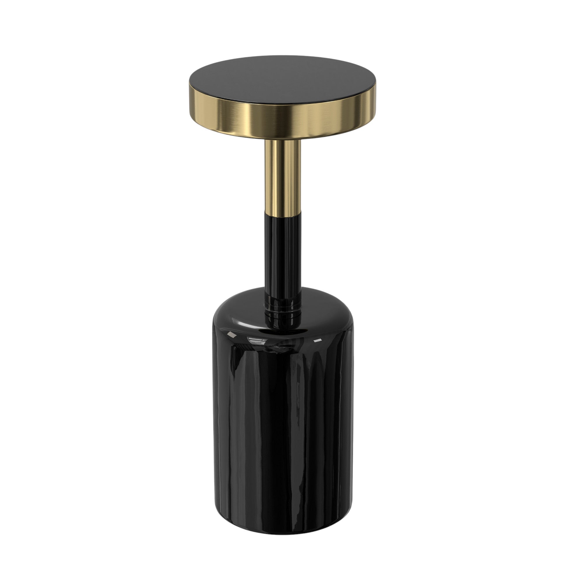 25" Powder Coated Black and Gold Tempered Glass and Iron Round Pedestal End Table