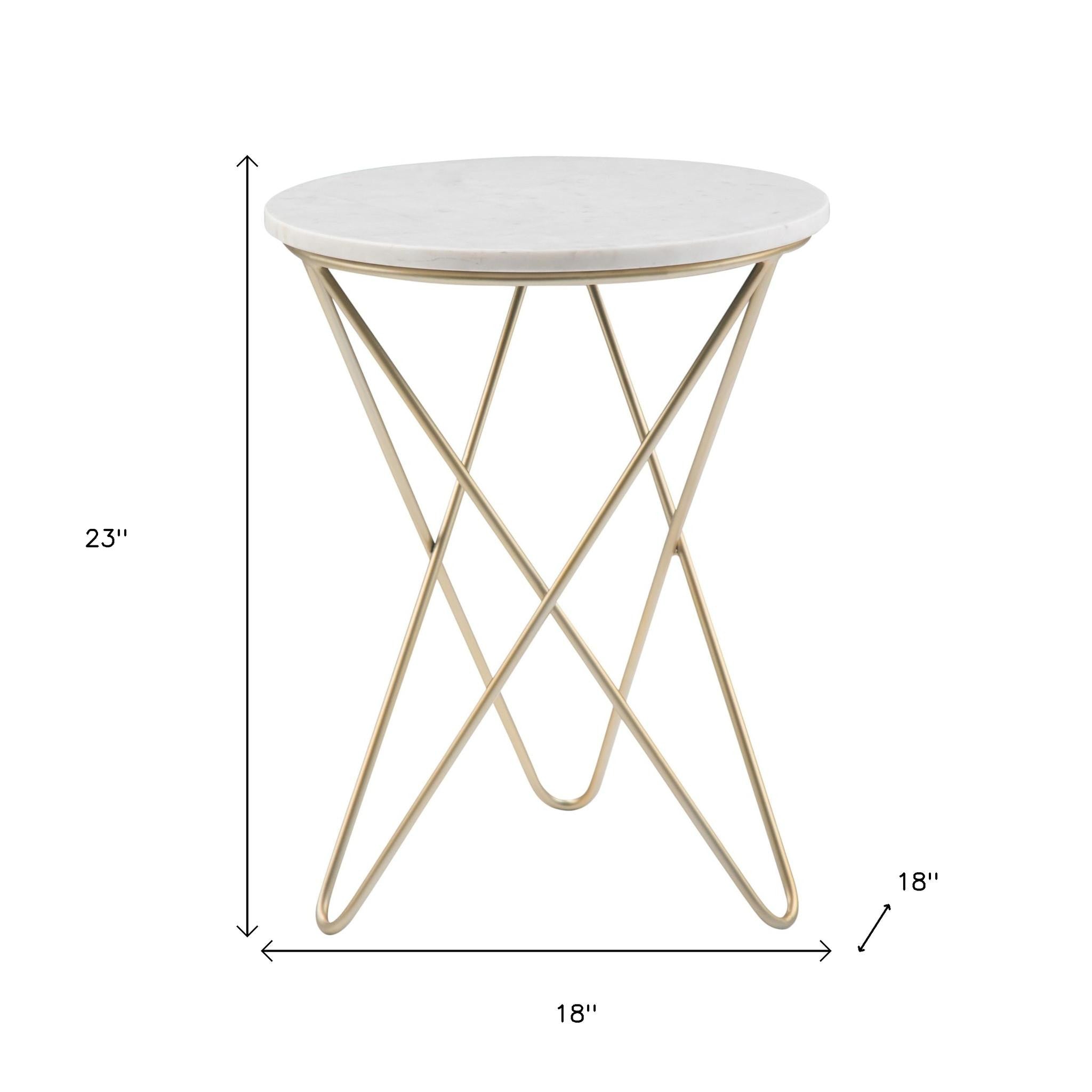 23" Powder Coated White and Gold Marble and Iron Round Cross Legs End Table And Trunk Storage