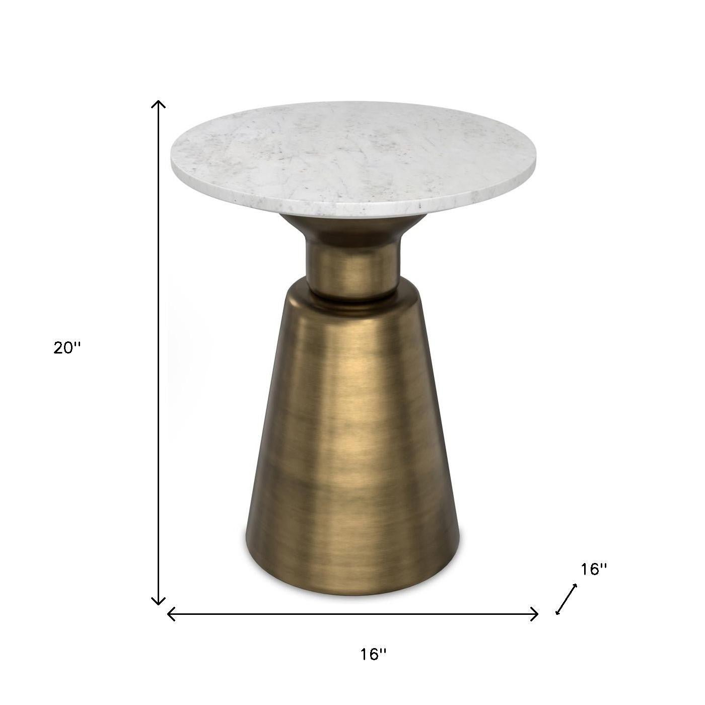 20" Antique White and Antiqued Brass Distressed Marble and Iron Round Pedestal End Table And Trunk Storage