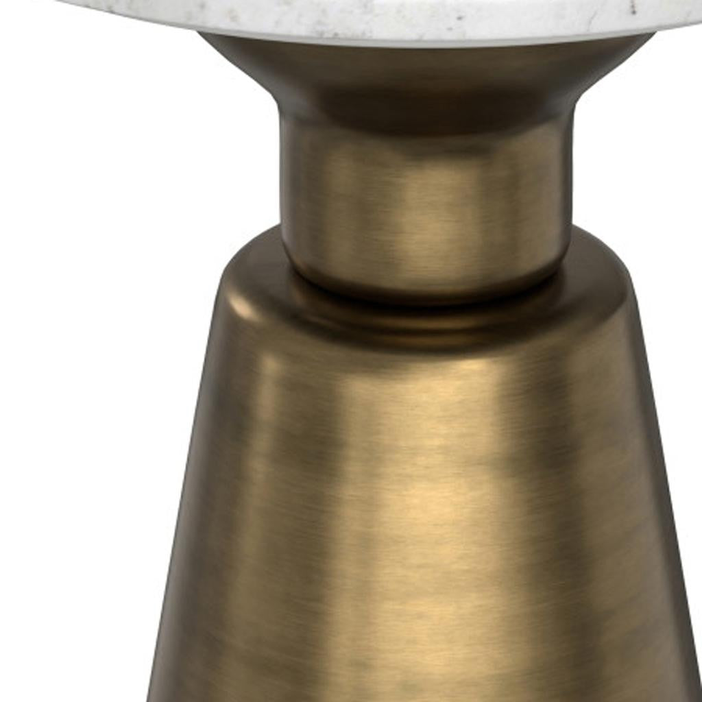 20" Antique White and Antiqued Brass Distressed Marble and Iron Round Pedestal End Table And Trunk Storage
