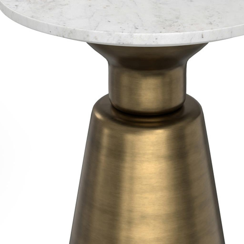 20" Antique White and Antiqued Brass Distressed Marble and Iron Round Pedestal End Table And Trunk Storage
