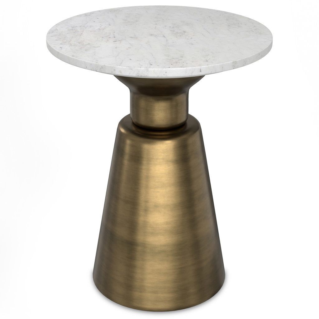 20" Antique White and Antiqued Brass Distressed Marble and Iron Round Pedestal End Table And Trunk Storage