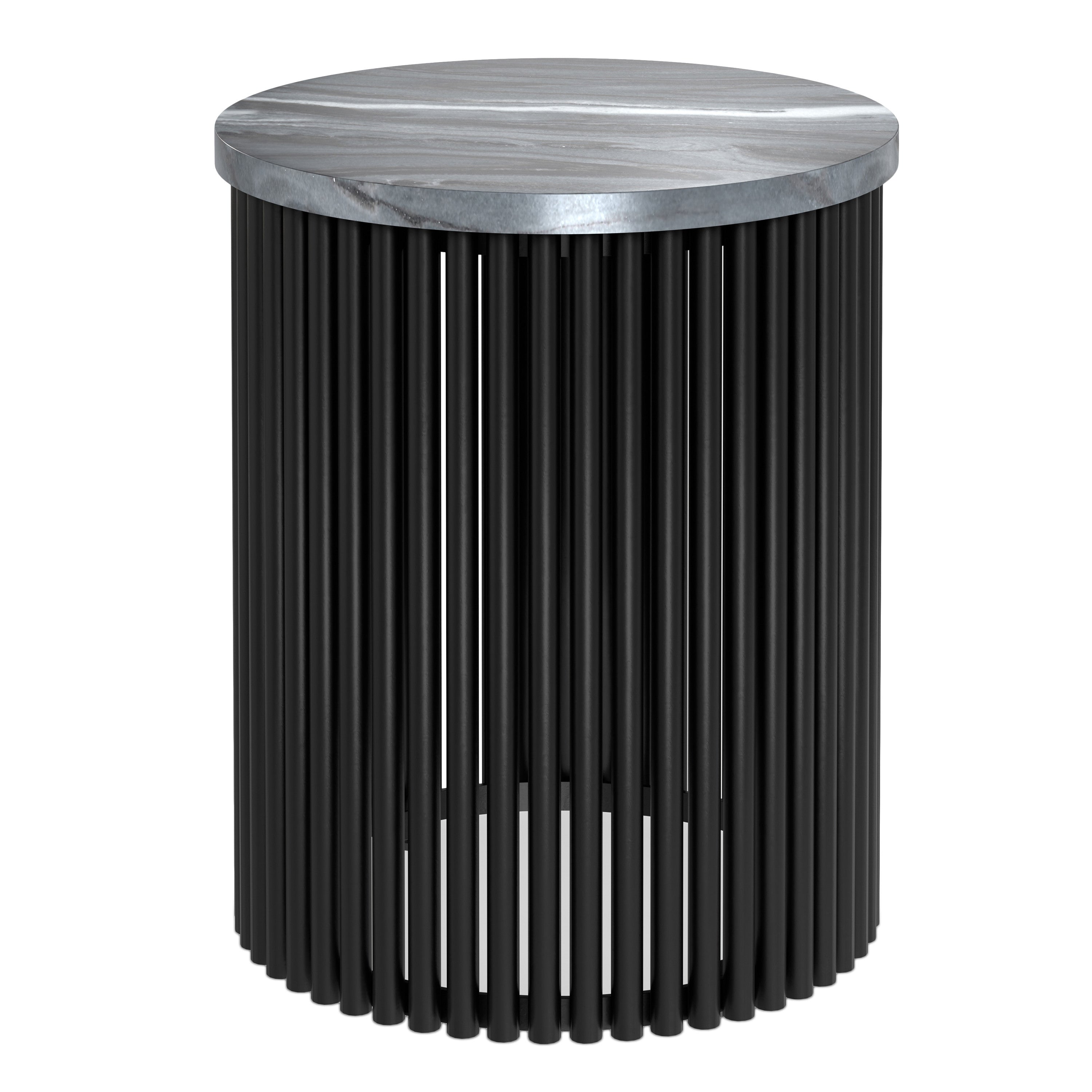 21" Matte Black Marble and Iron Round Drum End Table