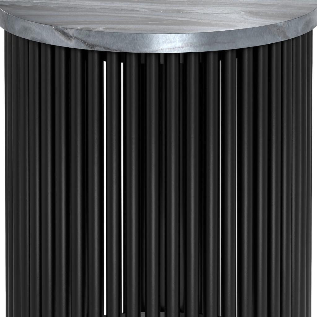 21" Matte Black Marble and Iron Round Drum End Table