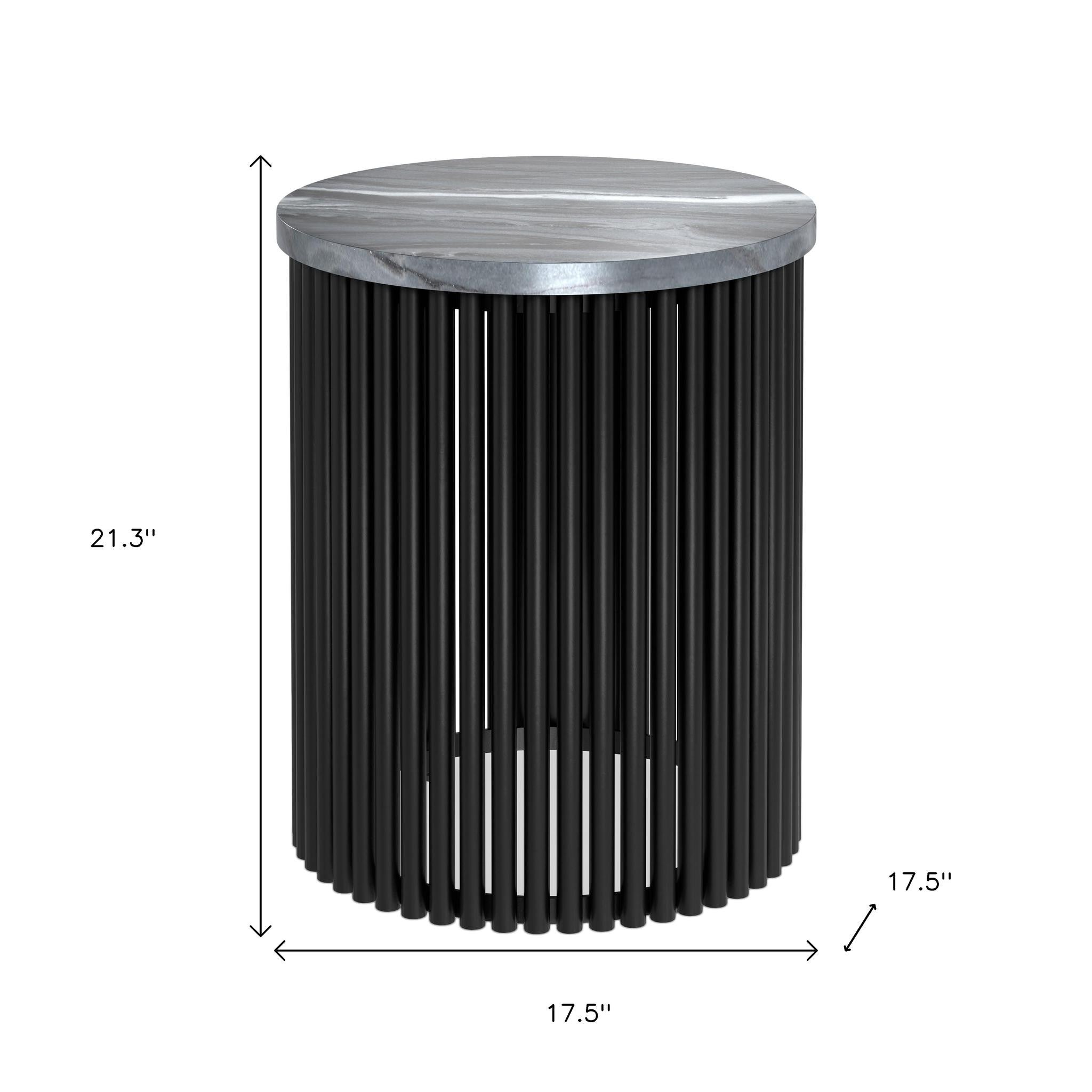 21" Matte Black Marble and Iron Round Drum End Table