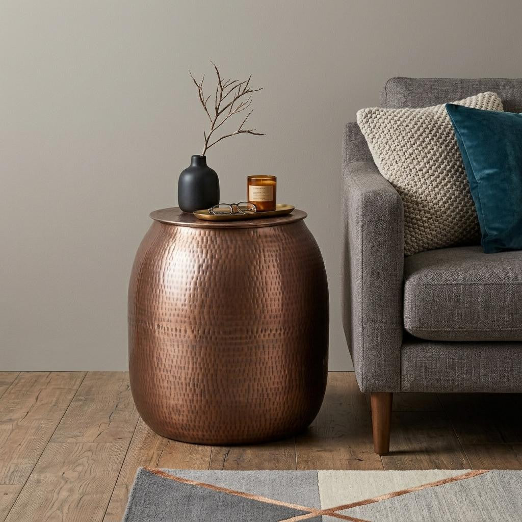 21" Hammered Copper Distressed Iron Round Drum End Table