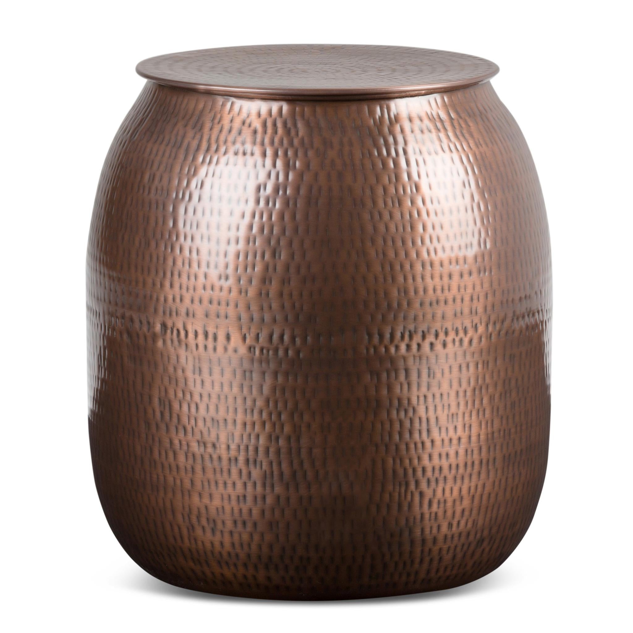 21" Hammered Copper Distressed Iron Round Drum End Table